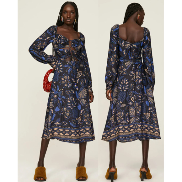 NWT Farm Rio Macaw Forest Crisscross Tie A-Line Midi Dress Cobalt Blue Large - Picture 1 of 6